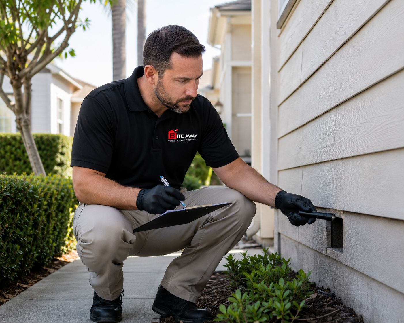 Bite Away termite inspector examining wood framing in a San Diego home