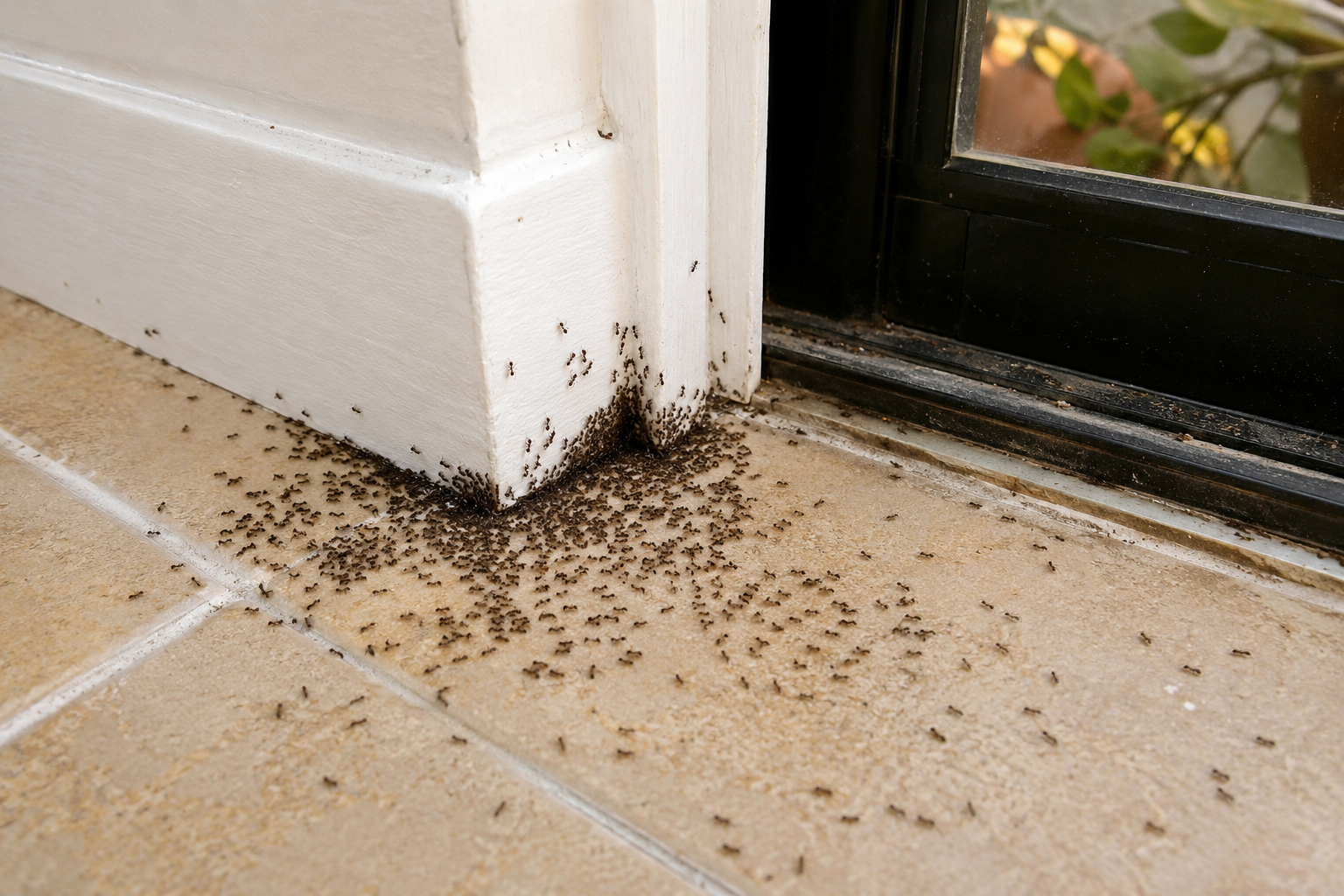 Ants swarming at the base of a door frame on tile flooring