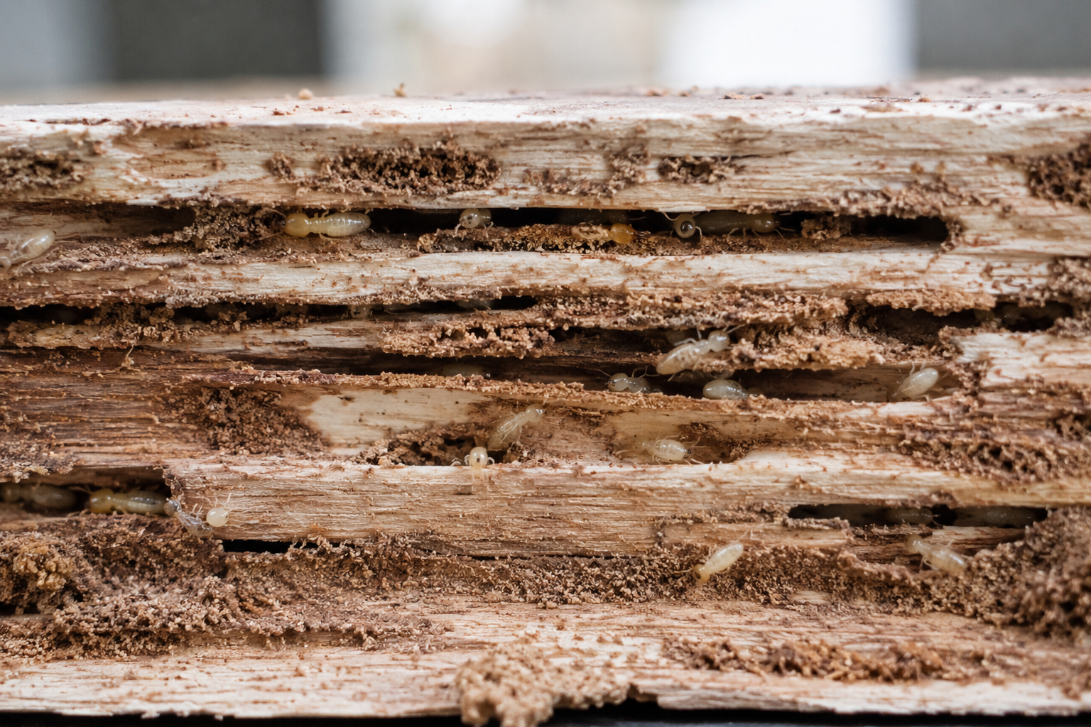 Live termites tunneling through layered, damaged wood inside a San Diego home