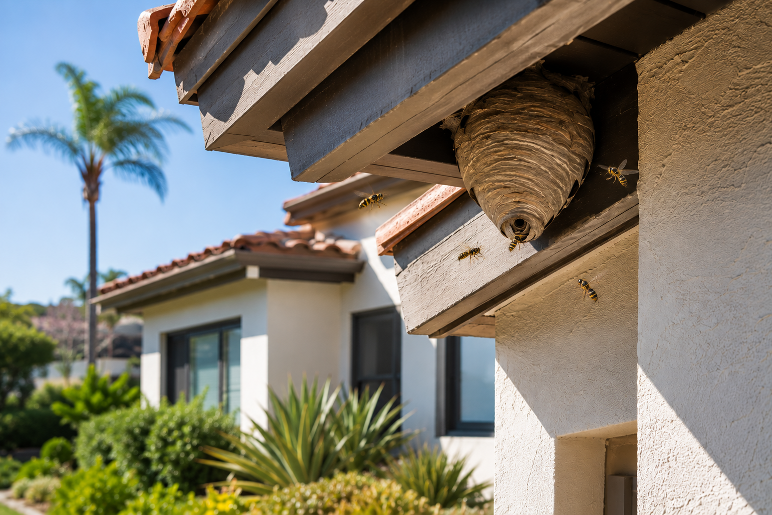 A paper wasp nest under the roof eave of a San Diego home with wasps flying nearby