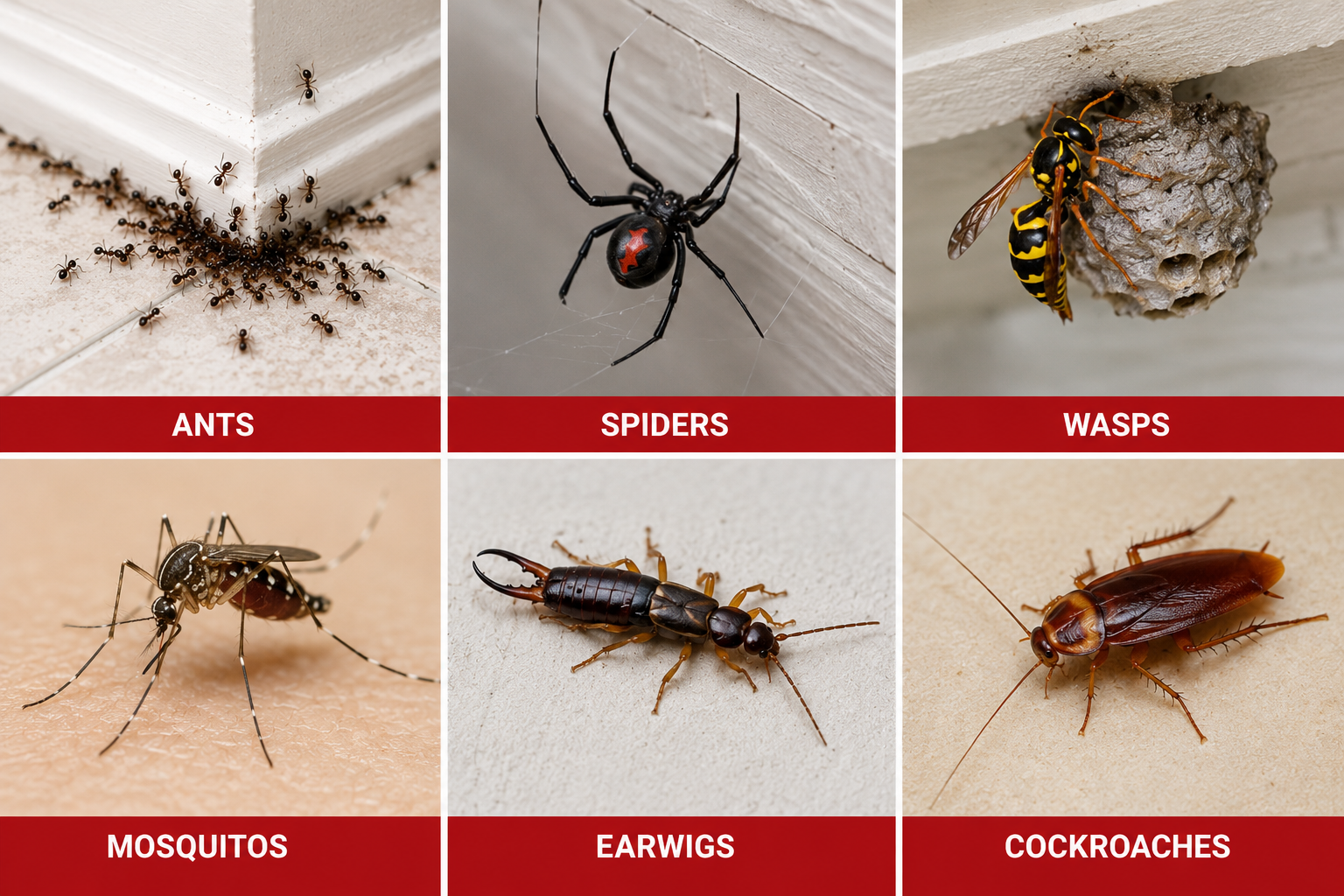 Six common San Diego summer pests: ants, spiders, wasps, mosquitos, earwigs, and cockroaches