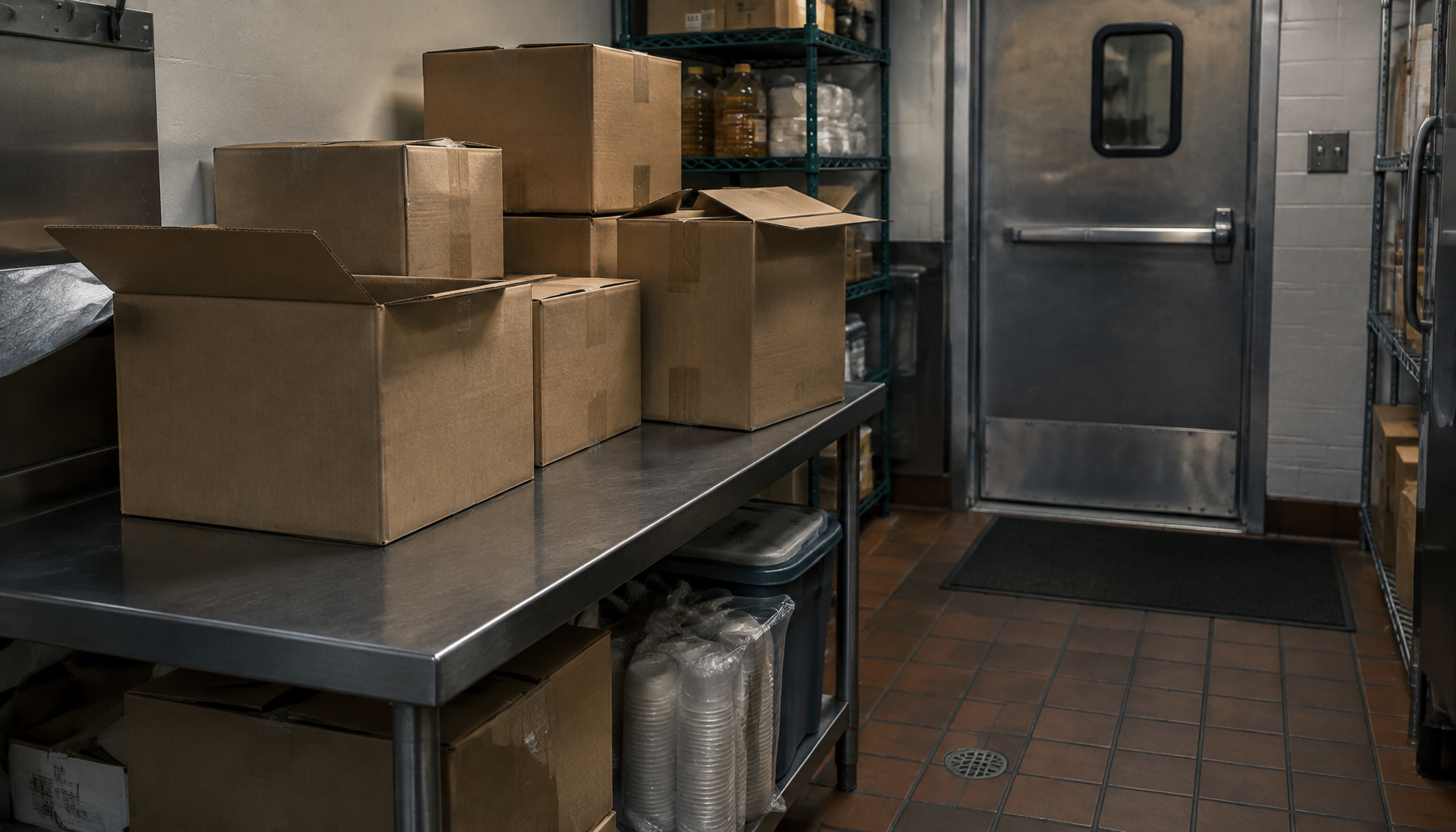 Stacks of corrugated cardboard delivery boxes on a stainless steel table in a restaurant back receiving area