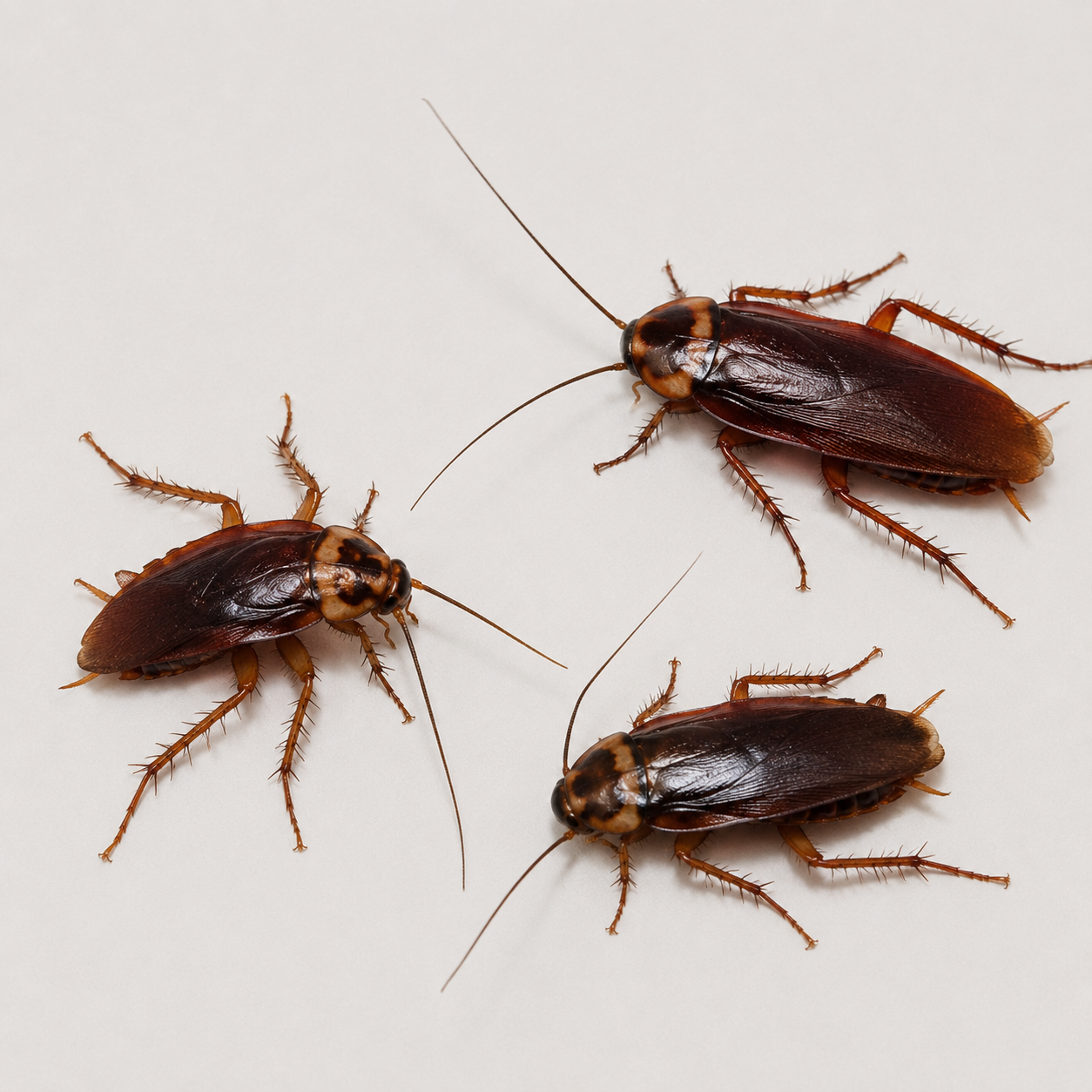 Three American cockroaches on a light background